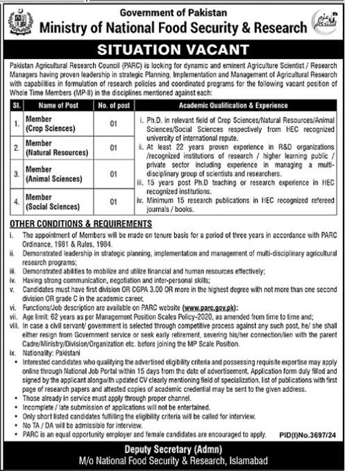 Ministry of National Food Security & Reseach Jobs 2024 – Ministry of National Food Security & Research Jobs 2024 — original advertisement