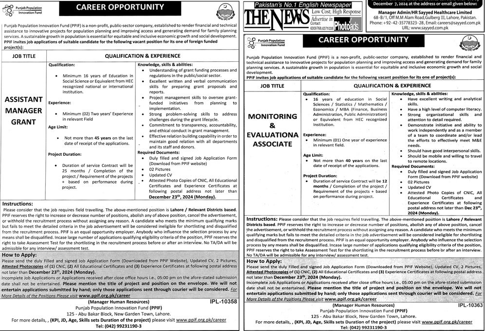Punjab Population Innovation Fund PPIF Jobs 2024 – Public Sector Organization Jobs 2024 — original advertisement