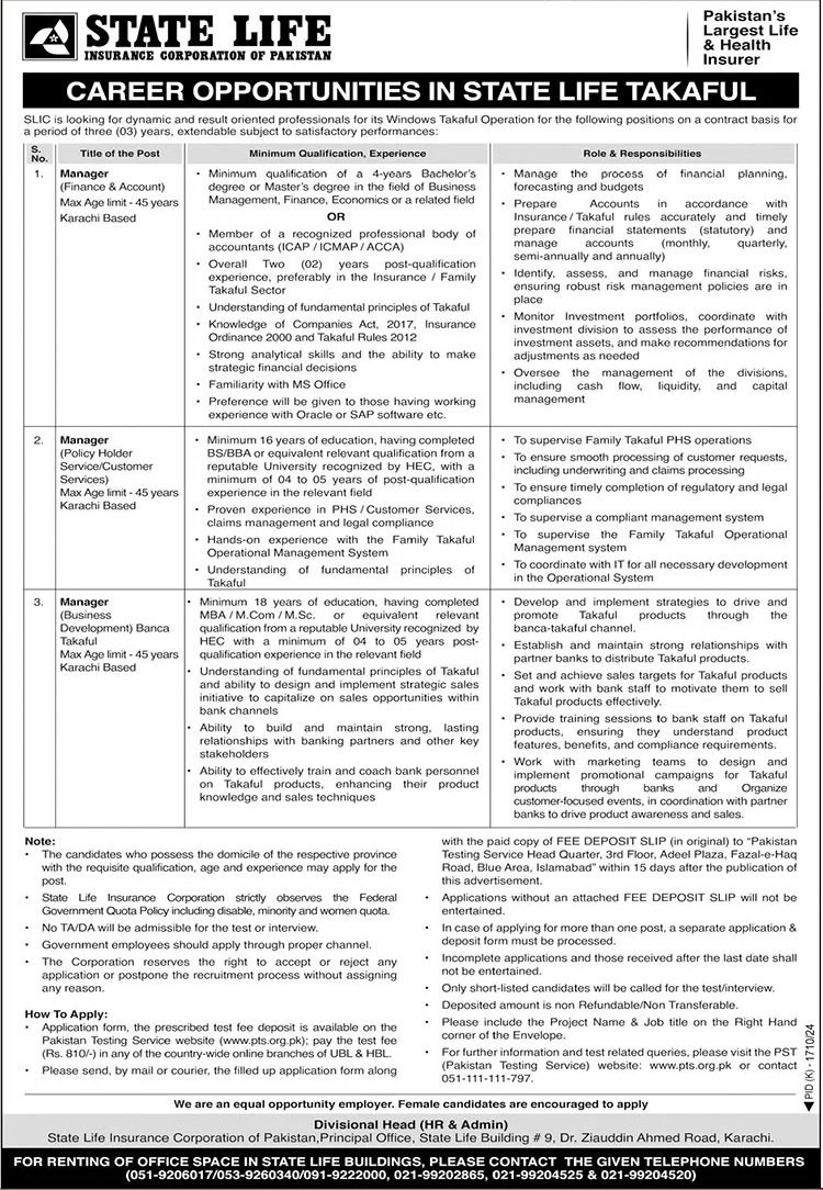State Life Insurance Corporation Jobs 2024 – State Life Insurance Corporation of Pakistan Jobs 2024 — original advertisement