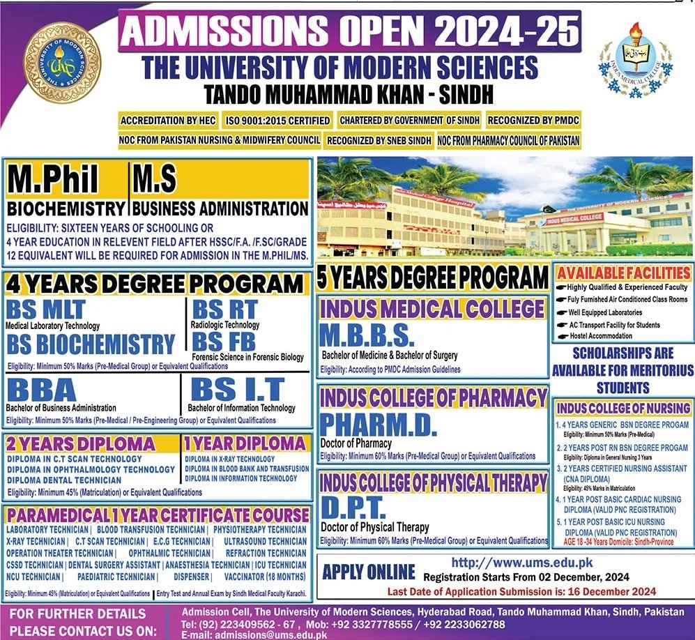 Admission Open in Modern Sciences Tando Muhammad Khan sindh – University Of Modern Sciences Admissions 2024 — original advertisement