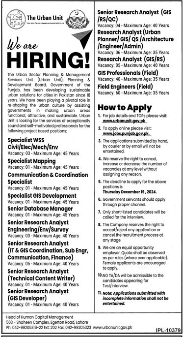 The Urban Unit Punjab Jobs 2024 Admissions 2024 — original advertisement