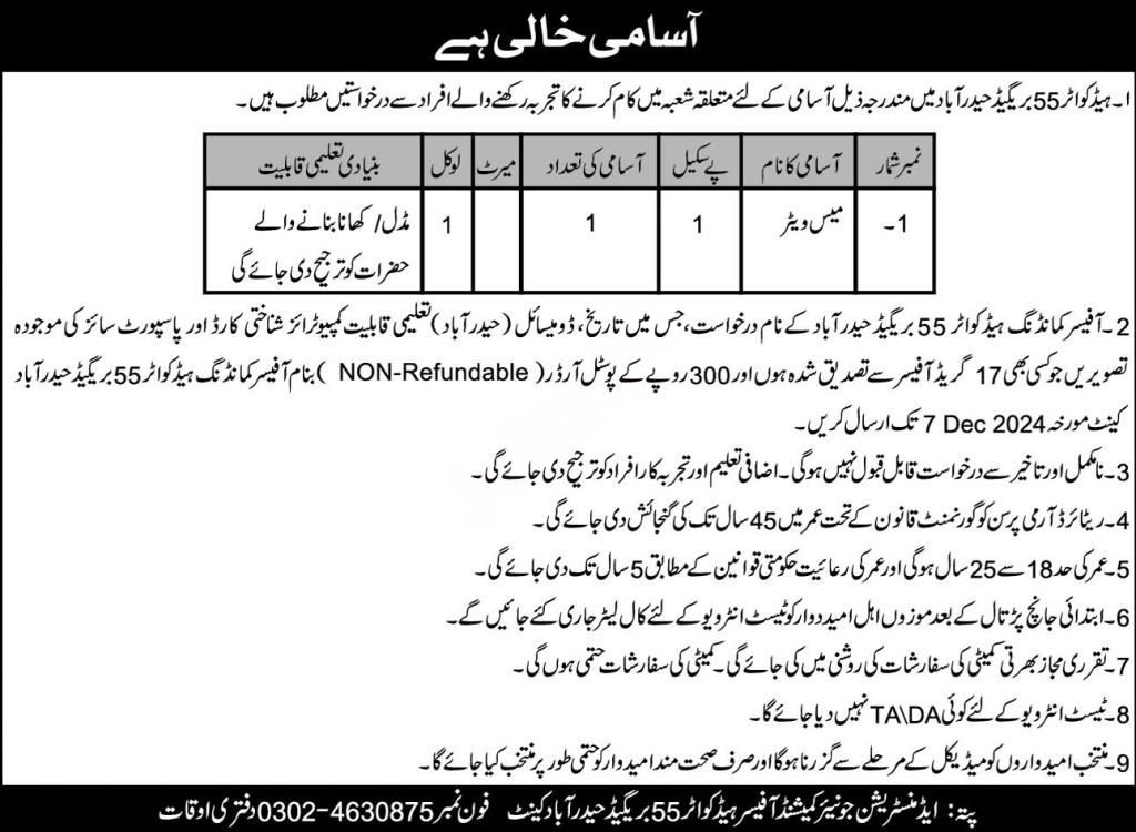 Headquarter 55 Brigade Hyderabad Jobs 2024 – Pakistan Army Jobs 2024 — original advertisement