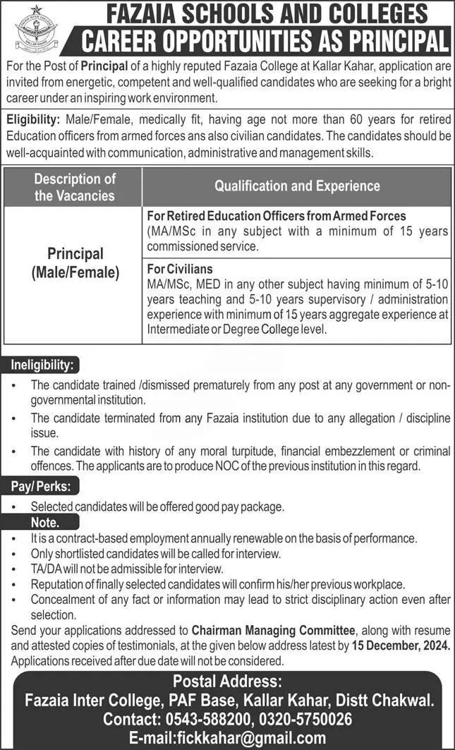 Fazaia College Kallar Kahar Chakwal Jobs 2024 – Fazaia Schools & Colleges Jobs 2024 — original advertisement