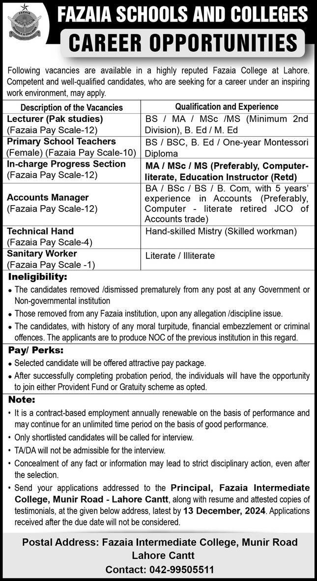 Fazaia College Lahore Punjab Jobs 2024 – Fazaia Schools & Colleges Jobs 2024 — original advertisement