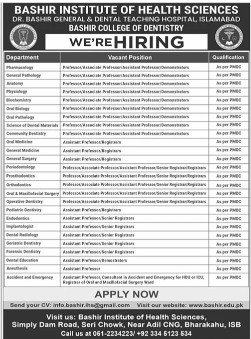 Bashir Institute Of Health Sciences Jobs 2024 – Bashir Institute of Health Sciences Islamabad Jobs 2024 — original advertisement