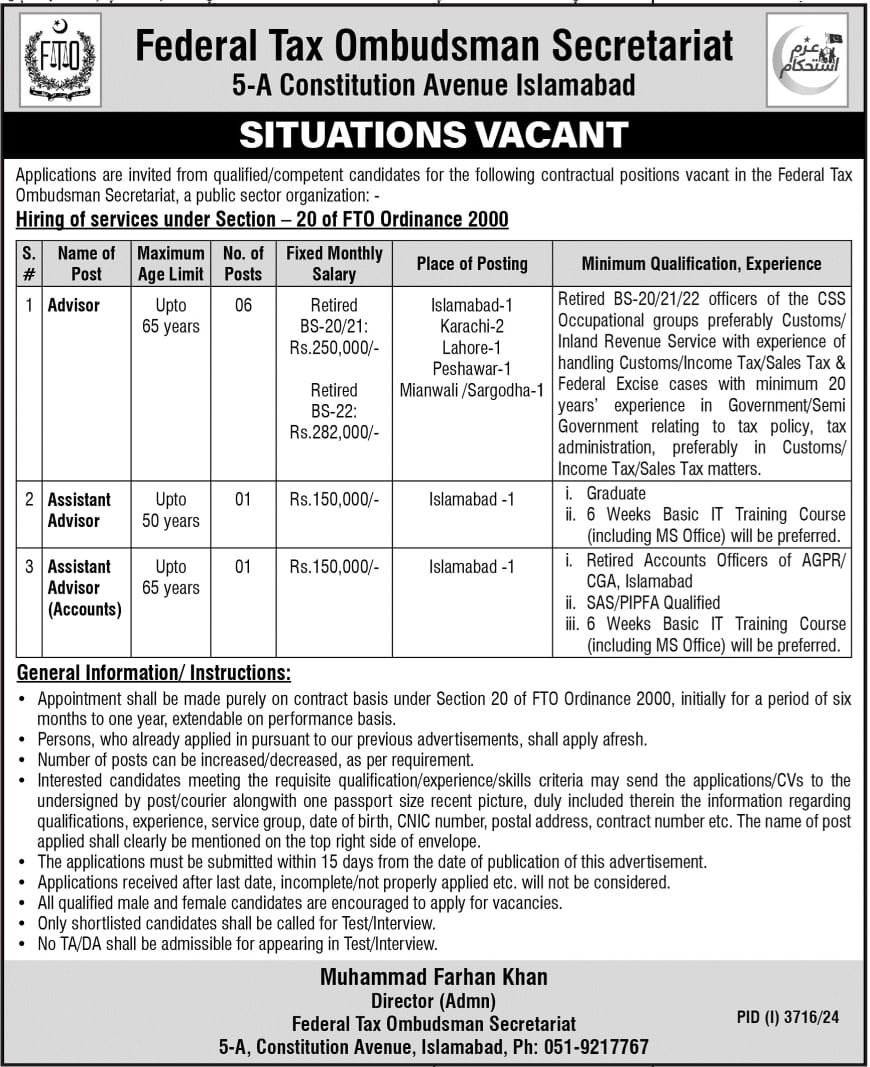 Federal Tax Ombudsman Secretariat Islamabad Jobs 2024 – Federal Tax Ombudsman Secretariat Pakistan Islamabad Jobs 2024 — original advertisement