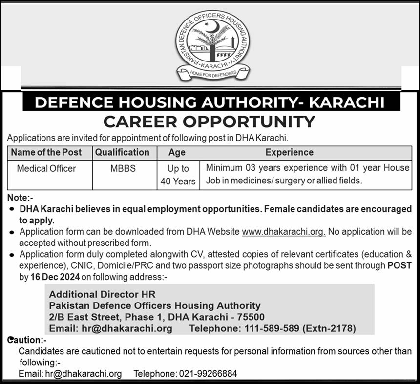 Defence Housing Authority DHA Karachi Jobs 2024 Jobs 2024 — original advertisement