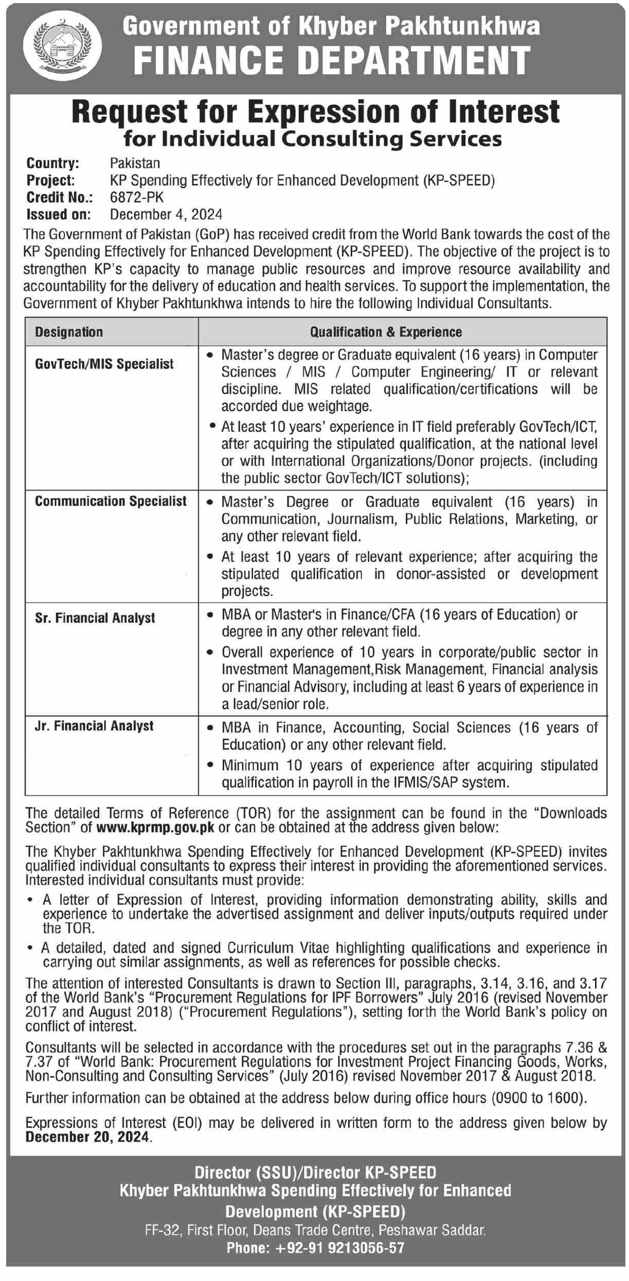 Finance Department KPK Jobs 2024 Jobs 2024 — original advertisement