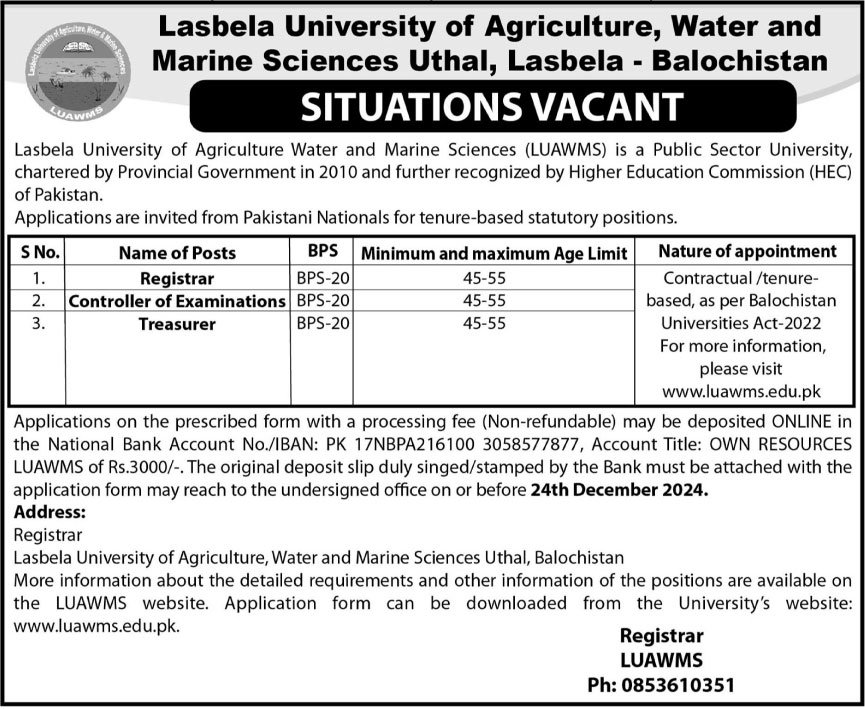 Lasbela University Of Agriculture LUAWMS Uthal Jobs 2024 – Lasbela University of Agriculture, Water & Marine Sciences (LUAWMS) Uthal Jobs 2024 — original advertisement