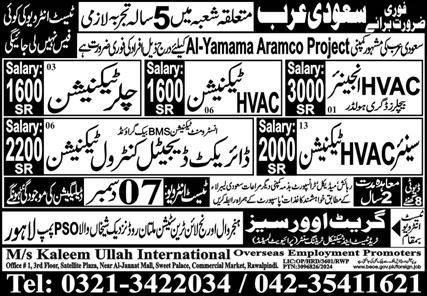 HVAC Engineer And Technician Jobs In Saudi Arabia – Kaleem Ullah International Overseas Employment Promoter Jobs 2024 — original advertisement