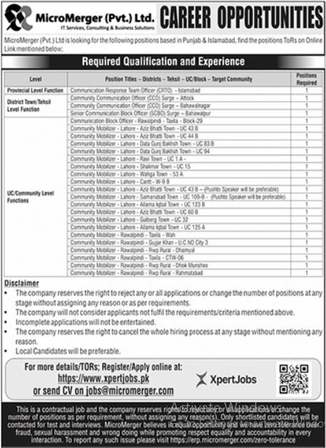 Micro Merger Pvt Limited Lahore Jobs 2024 – Micromergers Private Limited Jobs 2024 — original advertisement