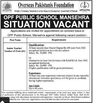 OPF Public School Mansehra Jobs 2024 Jobs 2024 — original advertisement