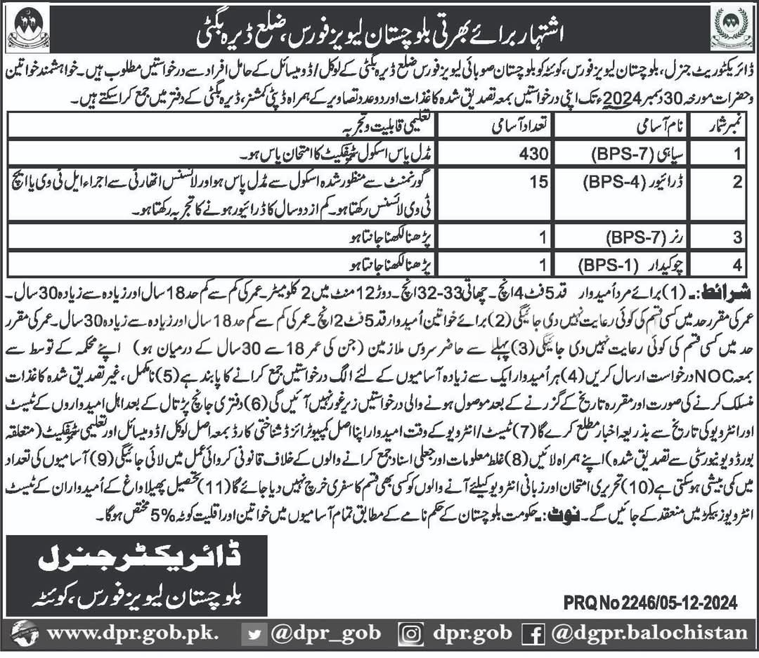 Balochistan Levis Force Dera Bugti Jobs 2024 – Balochistan Levies Force Jobs 2024 — original advertisement
