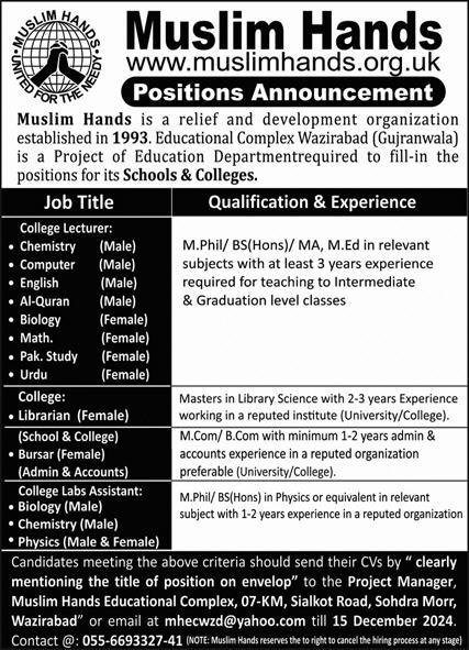 Muslim Hands Educational Complex Wazirabad Jobs 2024 Jobs 2024 — original advertisement