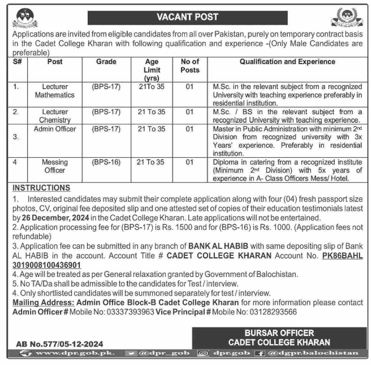 Cadet College Kharan Balochistan Jobs 2024 Jobs 2024 — original advertisement