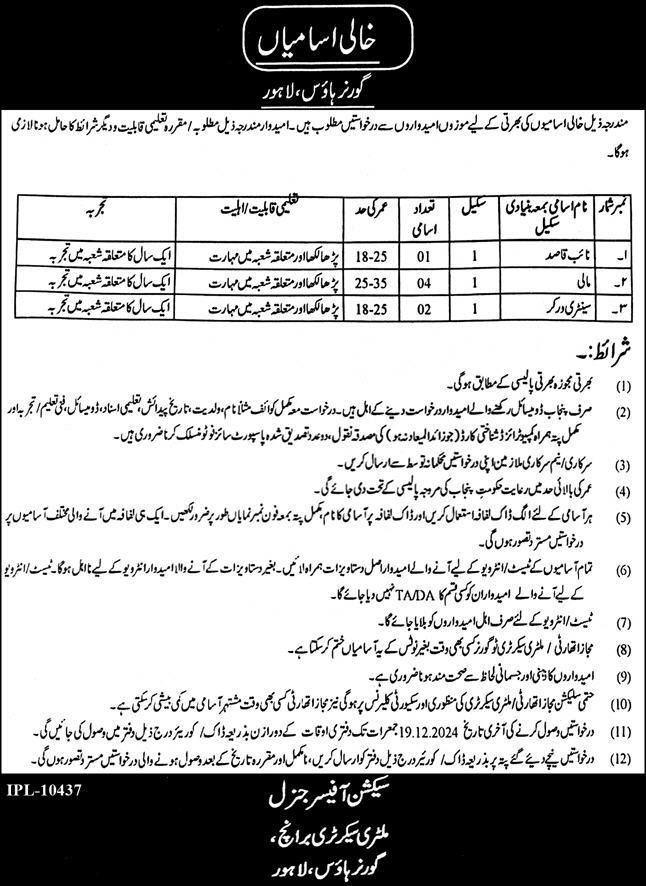 Governor House Lahore Punjab Jobs 2024 – Governor House Punjab Jobs 2024 — original advertisement