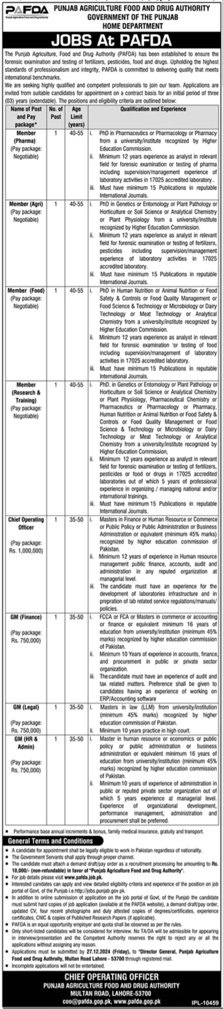 Punjab Agriculture Food & Drug Authority PAFDA Jobs 2024 – Drug Regulatory Authority Of Pakistan Jobs 2024 — original advertisement
