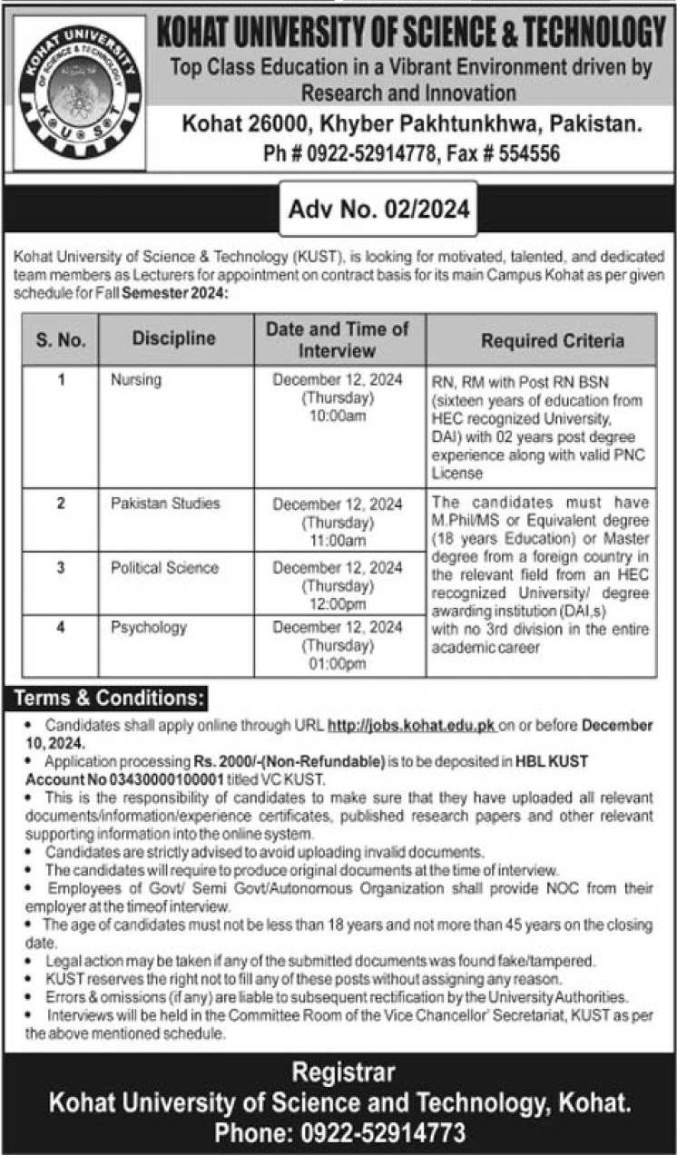 Kohat University Of Science & Technology KUST Jobs 2024 – Kohat University of Science and Technology Kohat Jobs 2024 — original advertisement