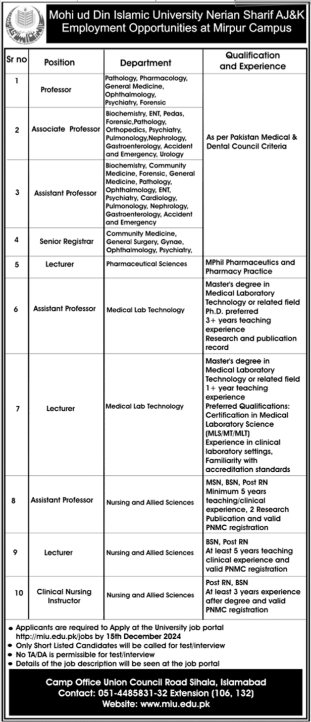 Mohi Ud Din Islamic University Mirpur Jobs 2024 – Mohi-ud-Din Islamic University Nerian Sharif AJK Jobs 2024 — original advertisement