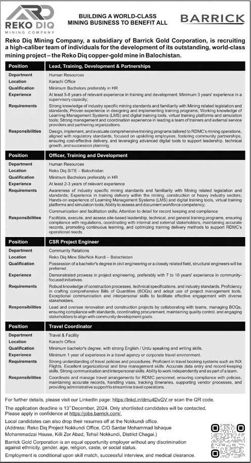 Reko Dig Mining Company Balochistan Jobs 2024 – Barrick Pakistan Jobs 2024 — original advertisement