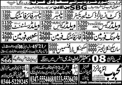 Duct Fabricator & HVAC Foreman Jobs 2024 In Saudi Arabia – Mehboob Enterprises Overseas Employment Promoters Jobs 2024 — original advertisement