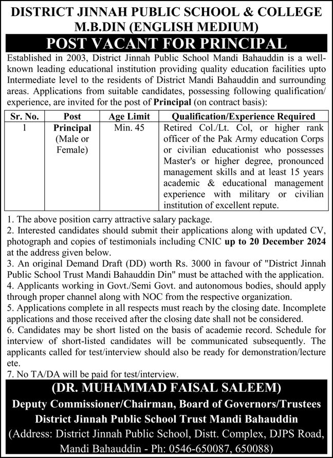District Jinnah Public School & College Mandi Bahauddin Jobs Jobs 2024 — original advertisement