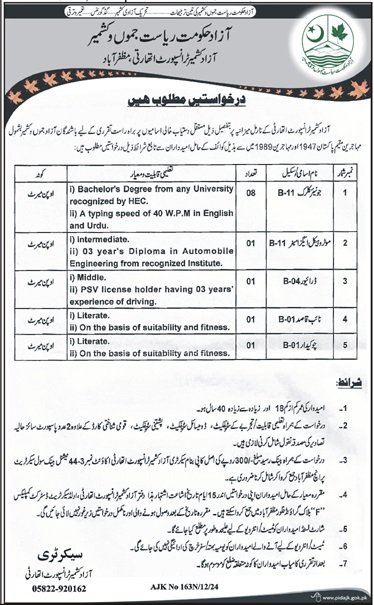 AJK Transport Authority Muzaffarabad Jobs 2024 – Govt of Azad Kashmir Jobs 2024 — original advertisement