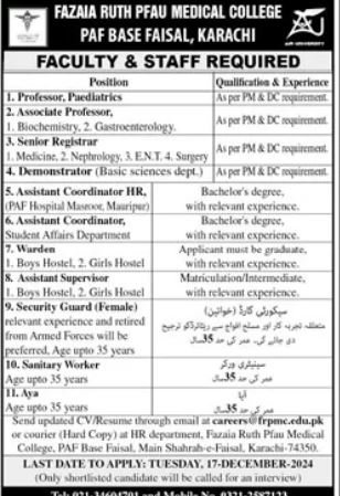 Fazaia Ruth PFAU Medical College Faculty Jobs 2024 – Fazaia Schools & Colleges Jobs 2024 — original advertisement