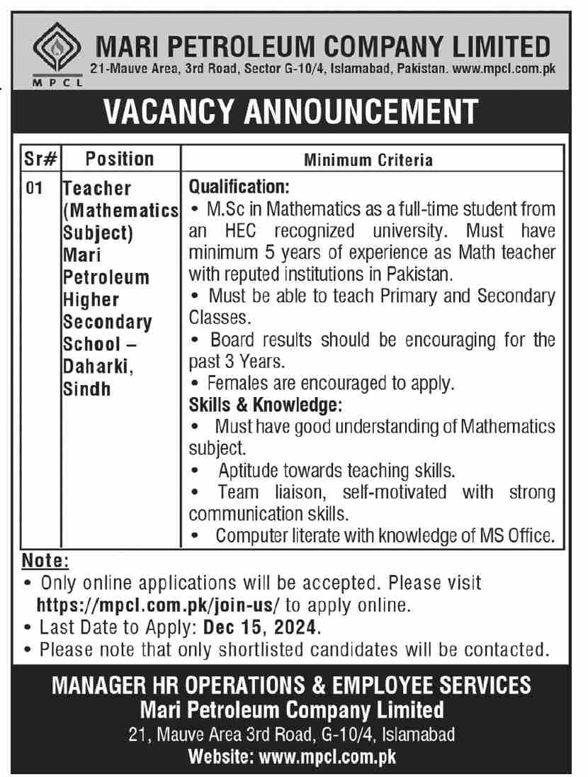 Mari Petroleum Company Limited Math Teacher Jobs 2024 – Private Company Jobs 2024 — original advertisement