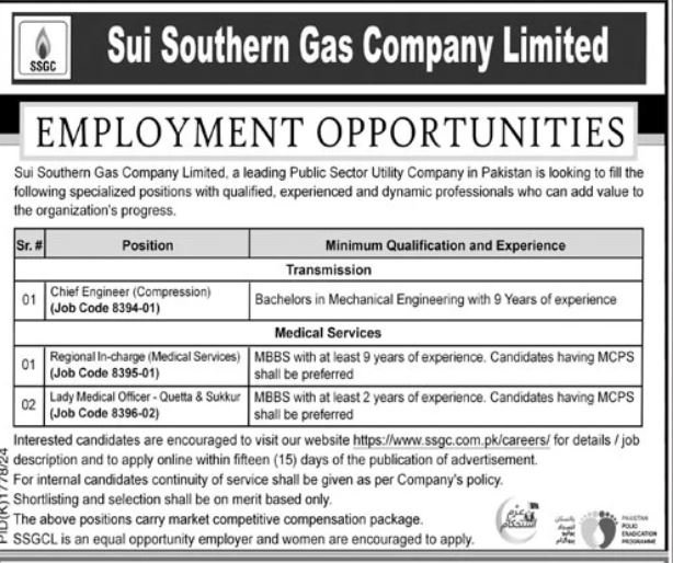 Sui Southern Gas Company Limited SSGC Karachi Jobs 2024 Jobs 2024 — original advertisement