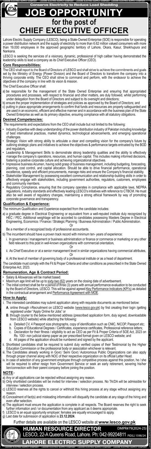 Lahore Electric Supply Company LESCO Job 2024 – Lahore Electric Supply Company LESCO Lahore Jobs 2024 — original advertisement