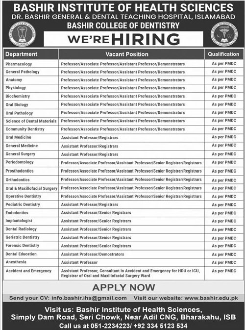 Bashir Institute Of Health Sciences Jobs 2024 – Bashir Institute of Health Sciences Islamabad Jobs 2024 — original advertisement