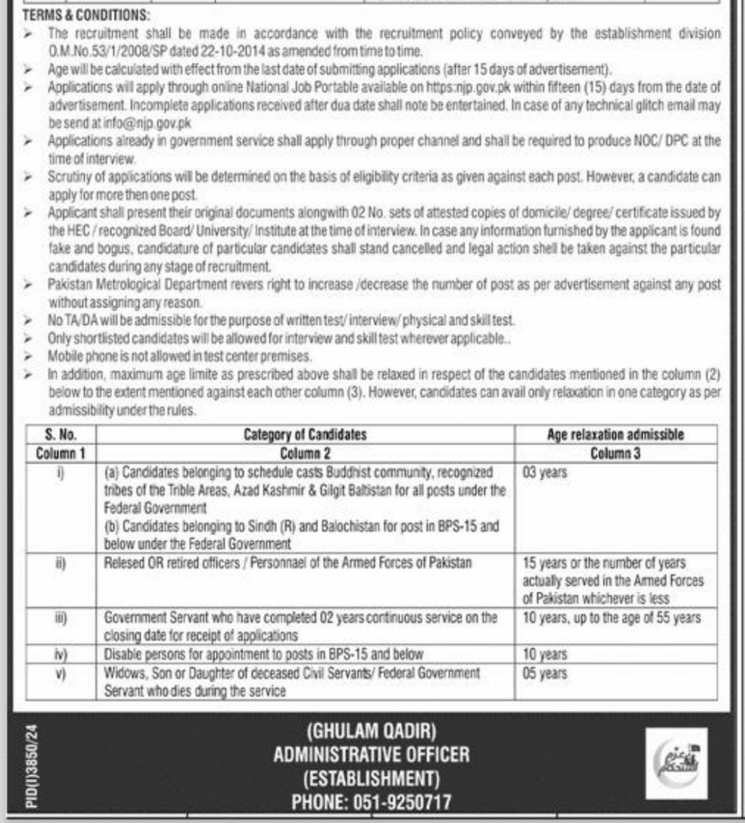 Pakistan Metrological Department PMD Islamabad Jobs 2024 – Pakistan Meteorological Department Jobs 2024 — original advertisement
