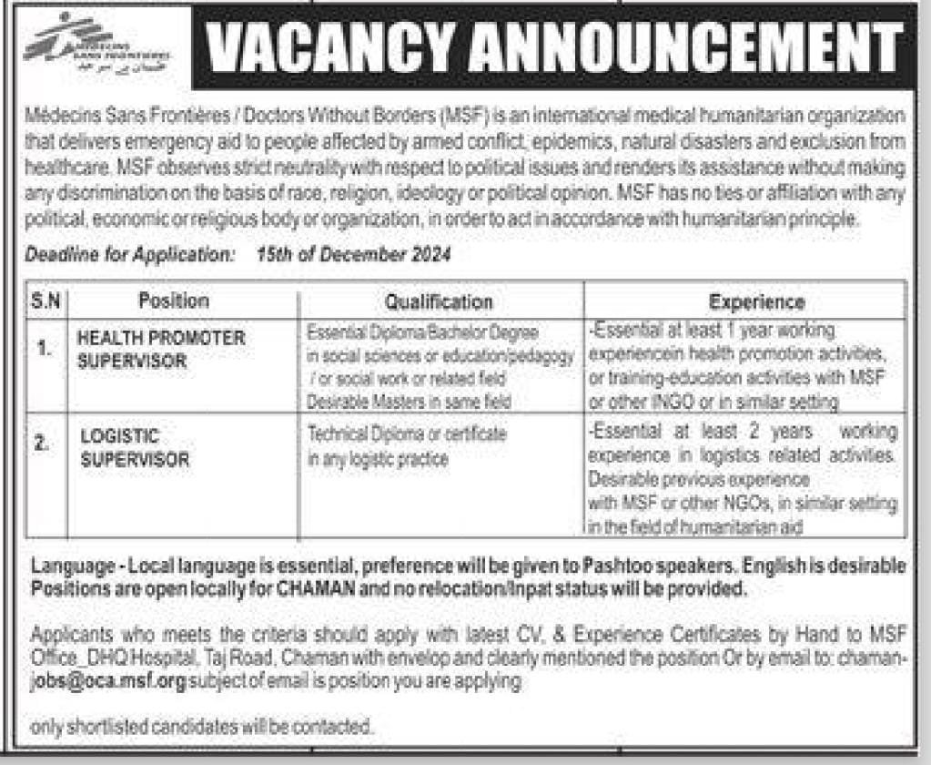 Medecins Sans Frontieres MSF Chaman Jobs 2024 – Medecins Sans Frontières (MSF) Jobs 2024 — original advertisement