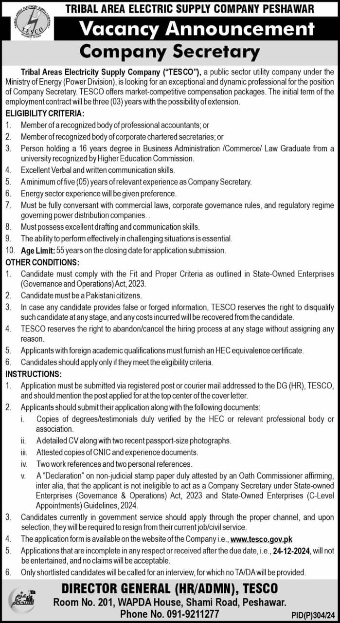 Tribal Areas Electricity Supply Company TESCO Jobs 2024 Jobs 2024 — original advertisement