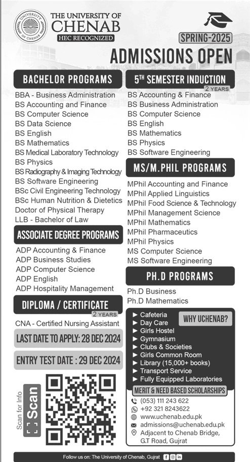 Admission Open in University of Chenab 2025 Admissions 2024 — original advertisement