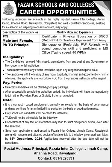 Fazaia School And Colleges Rawalpindi Jobs 2024 – Fazaia Schools & Colleges Jobs 2024 — original advertisement