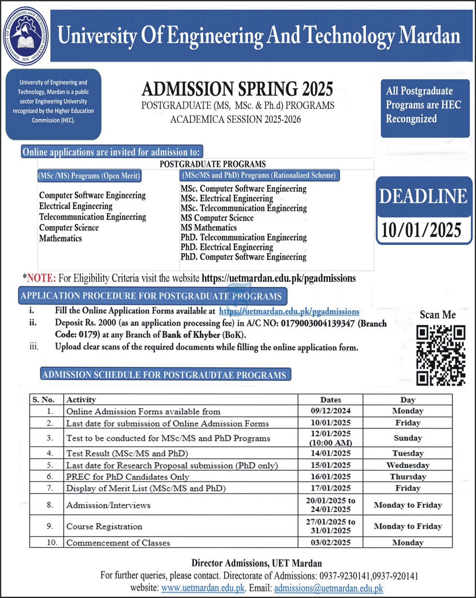 Admission Open in University of Engineering And Technology – University of Engineering and Technology Peshawar Admissions 2024 — original advertisement