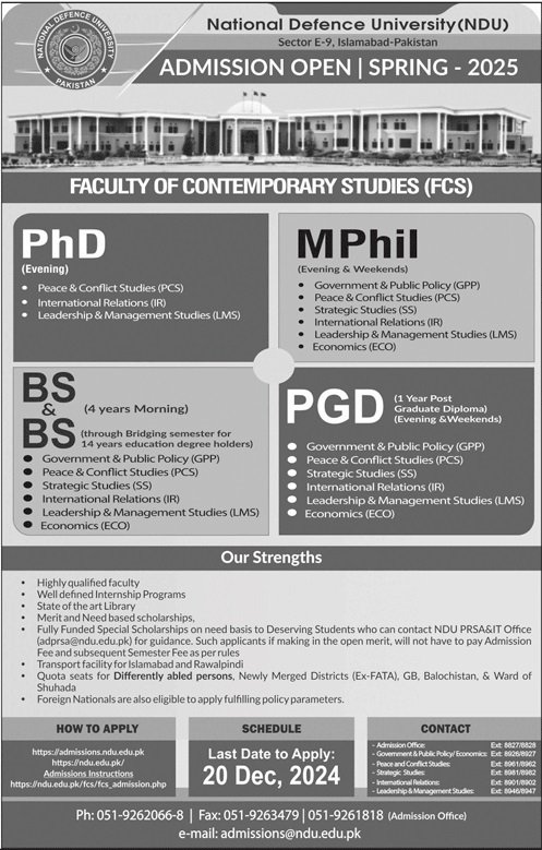 Admission Open in National Defence University 2025 – National Defence University, Pakistan Admissions 2024 — original advertisement