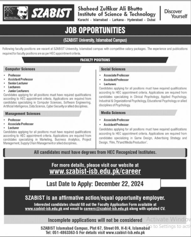 Shaheed Zulfiqar Ali Bhutto Institute of Sciences Jobs 2024 – Shaheed Zulfiqar Ali Bhutto Medical University Islamabad Jobs 2024 — original advertisement