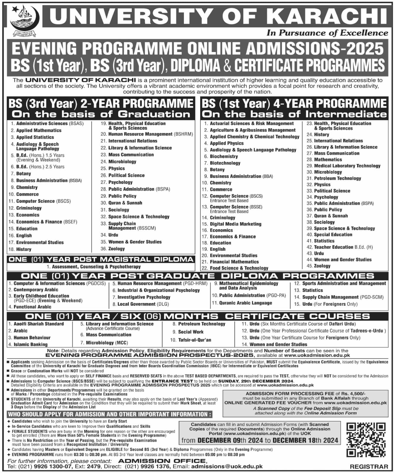 Admission Open in University of Karachi 2025 Admissions 2024 — original advertisement