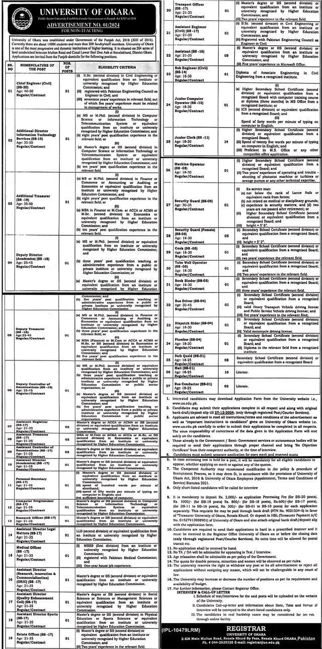 University Of Okara Punjab Jobs 2024University Of Okara Okar Jobs 2024 — original advertisement