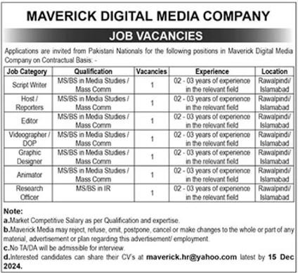 Maverick Digital Media Company Islamabad Jobs 2024 – Private Company Jobs 2024 — original advertisement