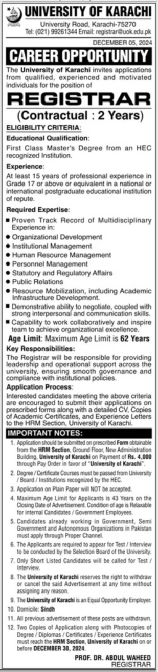 University Of Karachi UoK Jobs 2024 Jobs 2024 — original advertisement