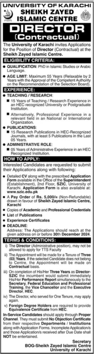 Sheikh Zayed Islamic Centre Karachi Jobs 2024 – University of Karachi Jobs 2024 — original advertisement