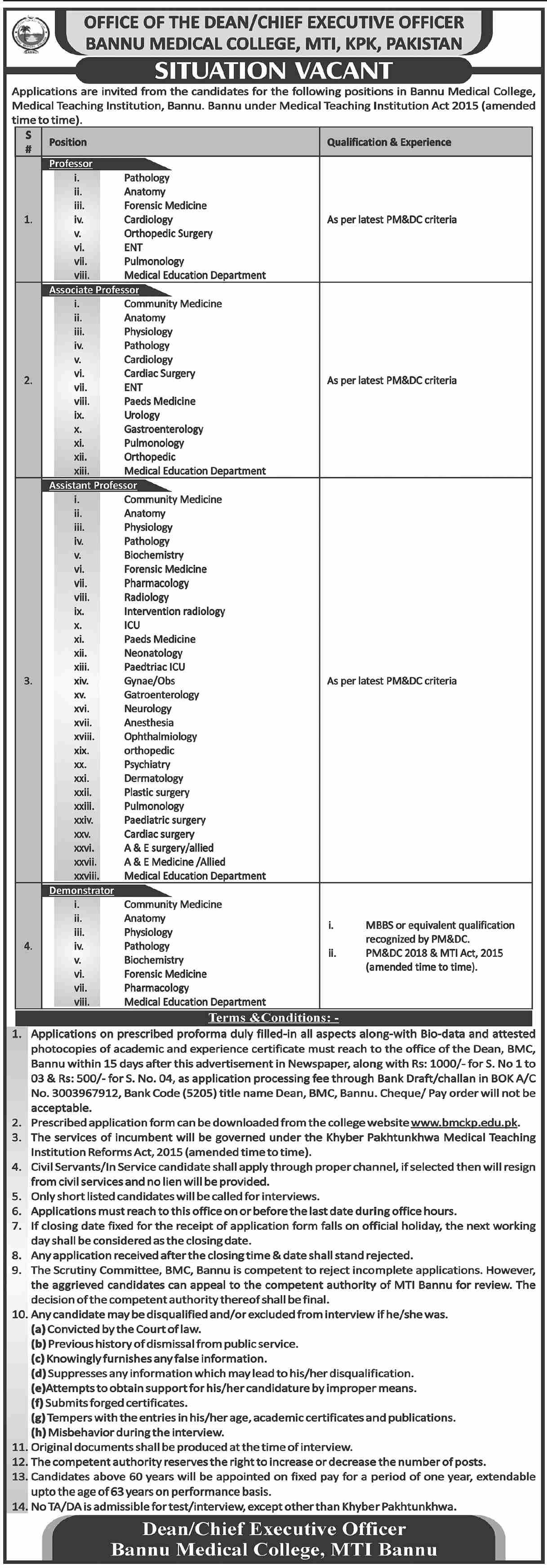 Bannu Medical College Bannu Jobs 2024 – Bannu Medical College Bannu Kpk Jobs 2024 — original advertisement