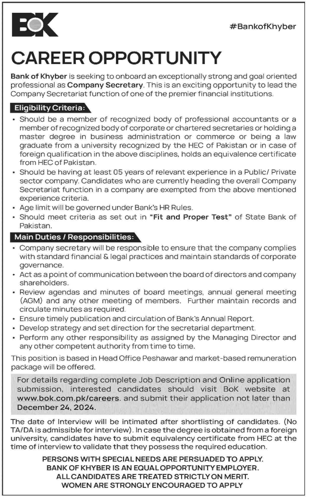 The Bank Of Khyber BOK Peshawar Job 2024 Jobs 2024 — original advertisement