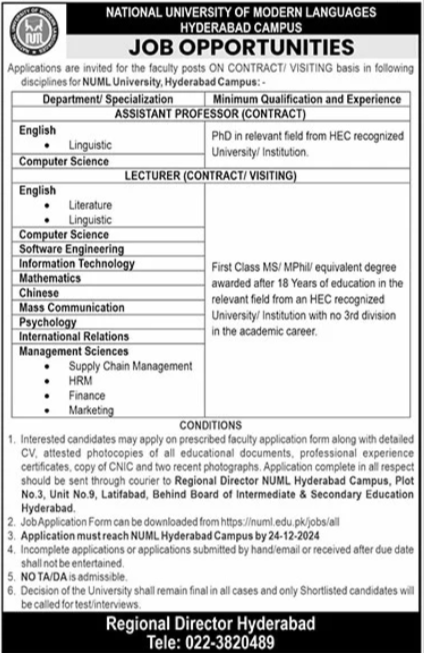 National University Of Modern Languages NUML Hyderabad Jobs – National University of Modern Languages Islamabad Jobs 2024 — original advertisement