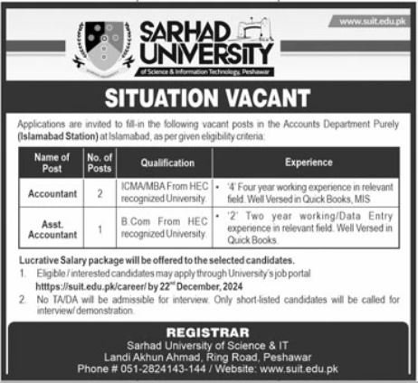 Sarhad University Peshawar Jobs 2024 – Sarhad University of Science and Information Technology Peshawar Jobs 2024 — original advertisement