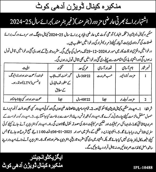 Anhar Department Adhi Kot Khusab Jobs 2024 – Irrigation Department Punjab Jobs 2024 — original advertisement